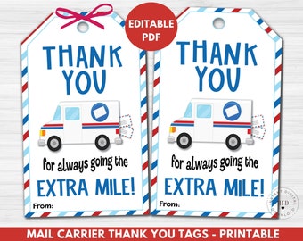 Briefträger-Dankeschön-Tag druckbar, Briefträger-Geschenkanhänger, Postbote-Geschenk, Postarbeiter-Geschenk, Postträger-Danke, dass Sie die Extrameile gehen