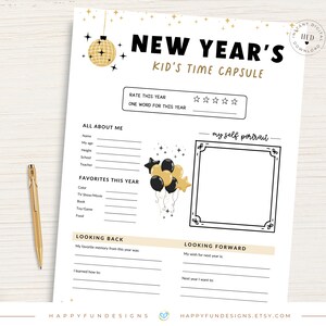 Puede incluir: Hoja de trabajo imprimible de c&aacute;psula del tiempo para ni&ntilde;os de A&ntilde;o Nuevo con una bola de discoteca dorada y estrellas. La hoja de trabajo incluye secciones para calificar el a&ntilde;o, escribir un resumen de una palabra y responder preguntas sobre informaci&oacute;n personal, favoritos y recuerdos.