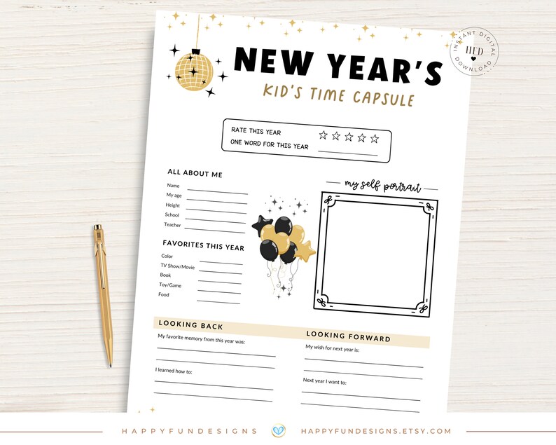 Puede incluir: Hoja de trabajo imprimible de c&aacute;psula del tiempo para ni&ntilde;os de A&ntilde;o Nuevo con una bola de discoteca dorada y estrellas. La hoja de trabajo incluye secciones para calificar el a&ntilde;o, escribir un resumen de una palabra y responder preguntas sobre informaci&oacute;n personal, favoritos y recuerdos.
