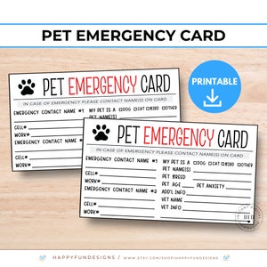 Scheda di emergenza per animali domestici stampabile in caso di emergenza, scheda di contatto, scheda di sicurezza, animale domestico a casa da solo, scheda di salvataggio animali domestici, scheda sanitaria per animali domestici, scheda ICE per animali domestici