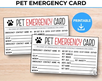 Pet Emergency Card Printable In Case of Emergency, Contact Card, Safety Card, Pet Home Alone, Pet Rescue Card, Pet Health Card, Pet ICE Card