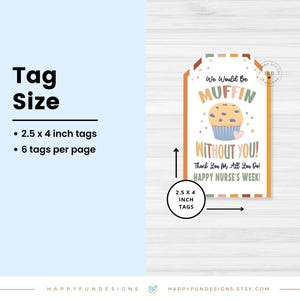 May include: A tag with a cupcake illustration and the text "We Would Be MUFFIN Without You! Happy Nurse's Week!" The tag is 2.5 x 4 inches. The tag has a light blue background with a white border and a light brown top.