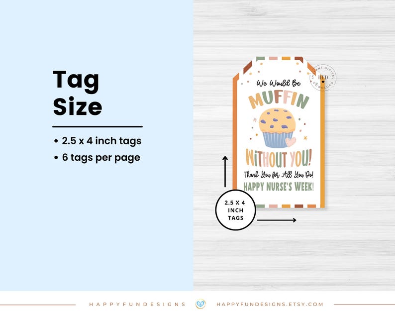 May include: A tag with a cupcake illustration and the text "We Would Be MUFFIN Without You! Happy Nurse's Week!" The tag is 2.5 x 4 inches. The tag has a light blue background with a white border and a light brown top.