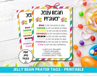 May include: Printable jelly bean prayer tags with a colorful striped background. The tags feature a jelly bean prayer with a verse for each color of the jelly bean: red, green, yellow, orange, black, white, purple, and pink. The text reads: "Jelly Bean Prayer" and "A bag full of jelly beans, colorful and sweet, is a prayer, is a promise, is a blessed Easter Treat!"