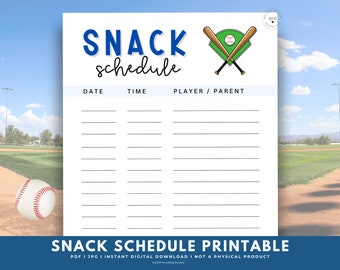 Op de afbeelding: Een witte afdrukbare snackplanning met blauwe tekst die "SNACK schedule" luidt. Het ontwerp bevat een honkbal en een afbeelding van gekruiste knuppels. De onderkant van de afbeelding luidt "SNACK SCHEDULE PRINTABLE".