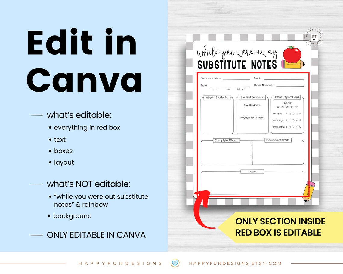 Substitute Teacher Note Template Editable, While You Were Away ...