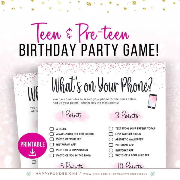 What's on Your Phone Game Printable Party Game for Teen Birthday Trivia Game, Pink Slumber Party, Tween Birthday Party Idea, Teen Girl Games