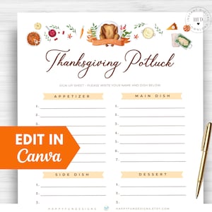 Bewerkbaar aanmeldblad Thanksgiving Potluck Afdrukbaar, Office Holiday Potluck, Kerk Potluck, Blokfeest Herfst Potluck School-aanmeldingsblad