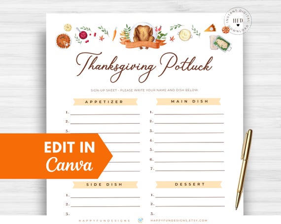 Editable Thanksgiving Potluck Sign Up Sheet Printable, Office Holiday Potluck, Church Potluck, Block Party Fall Potluck School Sign Up Sheet