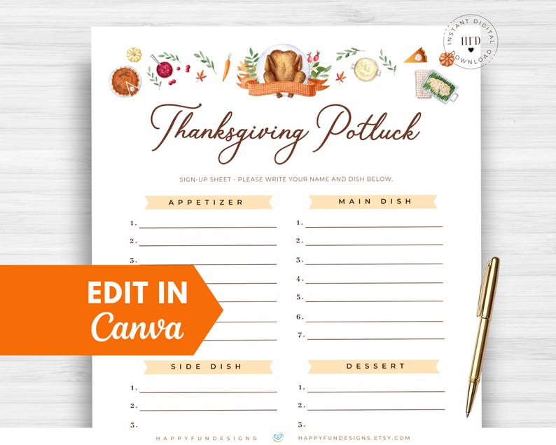 Editable Thanksgiving Potluck Sign Up Sheet Printable, Office Holiday Potluck, Church Potluck, Block Party Fall Potluck School Sign Up Sheet image 1