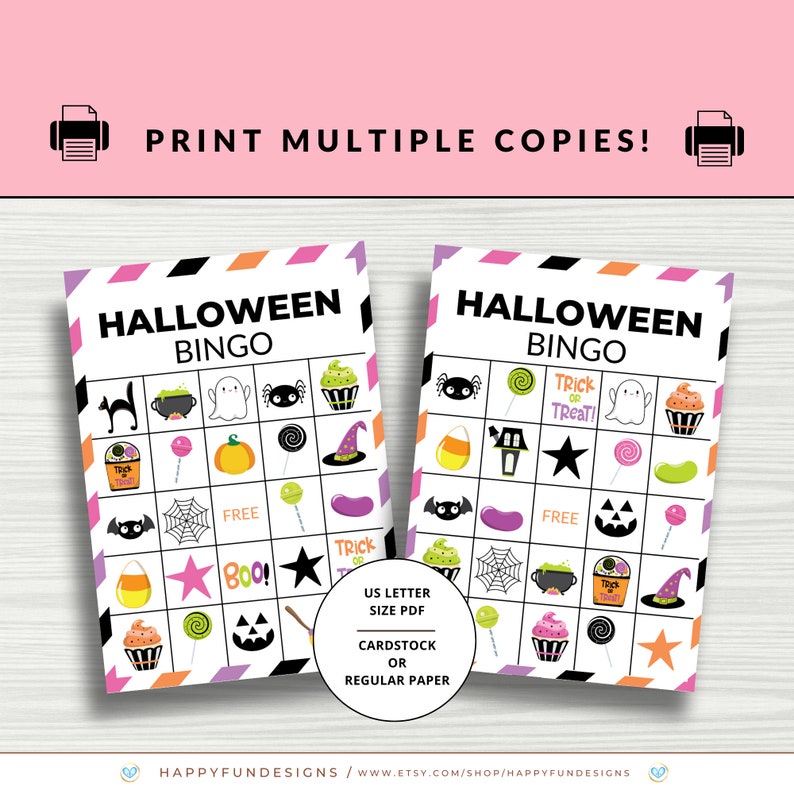 May include: Two printable Halloween bingo cards with a black and white design. Each card has a 5x5 grid with images of a ghost, spider, candy corn, witch's hat, pumpkin, cauldron, lollipop, bat, spider web, and a cupcake. The text "Halloween Bingo" is at the top of each card.