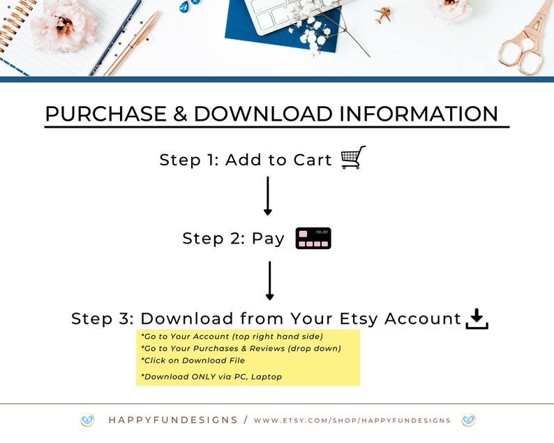 Pode incluir: Uma caixa amarela com instru&ccedil;&otilde;es sobre como fazer o download de uma compra digital do Etsy. O texto diz "Ir para a sua conta (canto superior direito) *Ir para as suas compras e avalia&ccedil;&otilde;es (menu suspenso) *Clique em Baixar arquivo *Baixar SOMENTE via PC, laptop".
