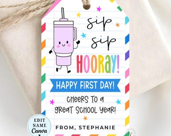 Editable Sip Sip Hooray Teacher Back to School Tag Printable, Teacher Water Bottle Gift, PTA PTO Thank You Teachers Happy First Day Gift