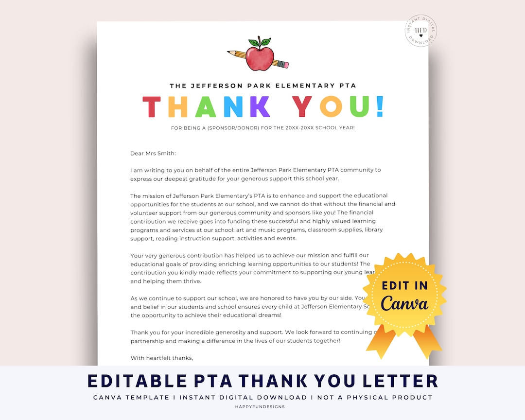 School Fundraiser Thank You, PTA PTO Thank You, Editable Donation Thank