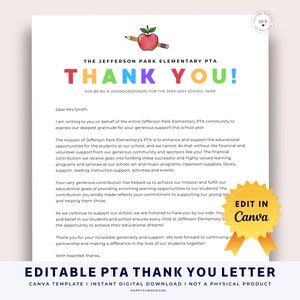 Gracias por la recaudación de fondos de la escuela, agradecimiento de la PTA PTO, carta de agradecimiento de donación editable, fin de año de la PTA, presidente de la pta, folleto editable de la pta pto