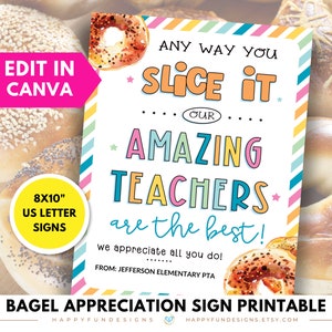 Editable Bagel Teacher Appreciation Printable, Any Way You Slice It Sign, Teacher Bagel Bar, PTA PTO Thank You Breakfast Sign, PTA Treats