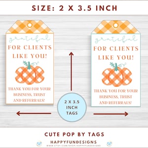 Pu&ograve; includere: Due etichette regalo da 2 x 3,5 pollici con un design a forma di zucca e il testo "grateful for clients like you!" e "Thank you for your business, trust and referrals!"