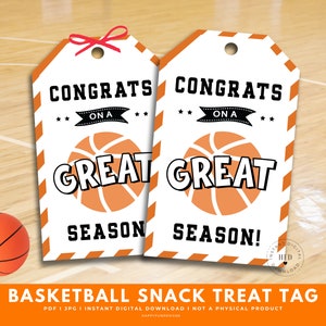May include: Two printable gift tags with an orange and white striped background. The tags feature a basketball graphic and the text "Congrats on a Great Season!"