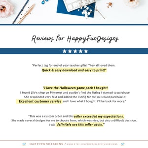 May include: Five star reviews for Happy FunDesigns Etsy shop.  The reviews highlight the quick and easy download, excellent customer service, and the seller exceeding expectations.  The text includes the phrase "I love the Halloween game pack I bought!"