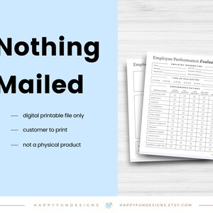 May include: Black and white printable employee performance evaluation form with the text "Employee Performance Evaluation" at the top. The form includes sections for employee information, type of evaluation, and performance ratings.