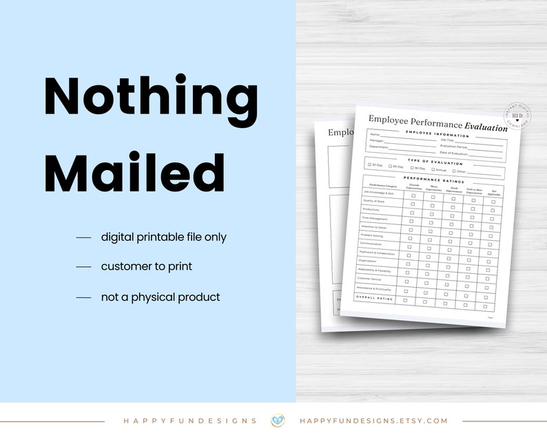 May include: Black and white printable employee performance evaluation form with the text "Employee Performance Evaluation" at the top. The form includes sections for employee information, type of evaluation, and performance ratings.