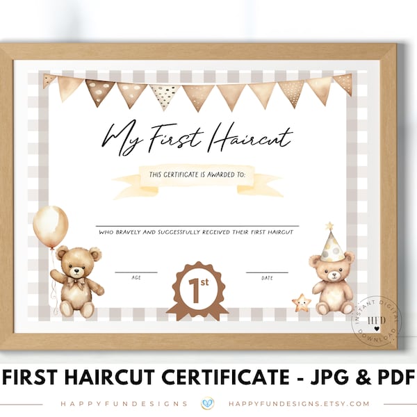 My First Haircut Certificate, Girls Boys First Haircut, Toddler Certificate, Kids 1st Haircut Keepsake, Barber Kids Award, Bear Certificate