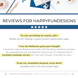 Pode incluir: Cinco estrelas de avalia&ccedil;&otilde;es para a loja Etsy HappyFundesigns. As cita&ccedil;&otilde;es dos clientes incluem "T&atilde;o fofo e ador&aacute;vel para presentes de professores" e "Eu amo o pacote de jogos de Halloween que comprei! Excelente atendimento ao cliente e eu amo o que comprei. Voltarei para mais."
