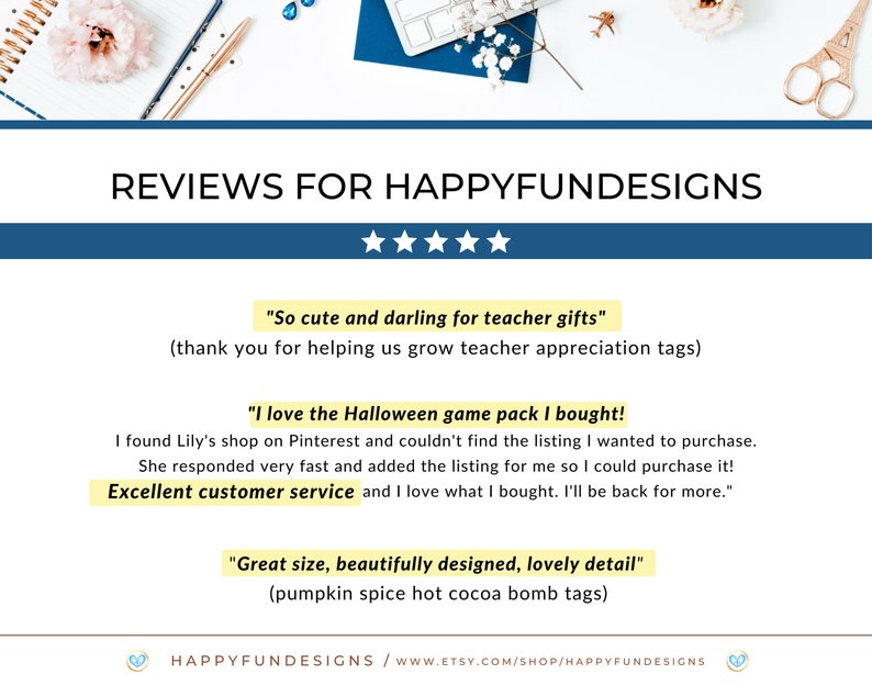 Pode incluir: Cinco estrelas de avalia&ccedil;&otilde;es para a loja Etsy HappyFundesigns. As cita&ccedil;&otilde;es dos clientes incluem "T&atilde;o fofo e ador&aacute;vel para presentes de professores" e "Eu amo o pacote de jogos de Halloween que comprei! Excelente atendimento ao cliente e eu amo o que comprei. Voltarei para mais."