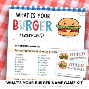 Whats Your Burger Name Game Printable, Kids Backyard Camping Burger Birthday Party, 4th of July Games, Family Reunion Game, BBQ Baby Shower