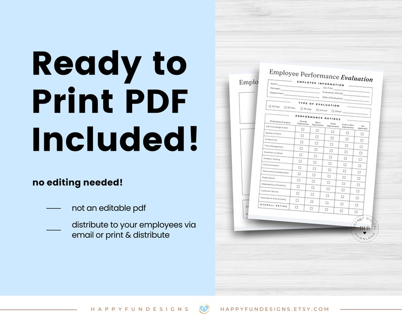 May include: A black and white printable employee performance evaluation form with the text "Employee Performance Evaluation" at the top. The form includes sections for employee information, type of evaluation, performance ratings, and overall rating.