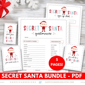May include: A printable Secret Santa bundle in PDF format. The bundle includes a sign-up sheet, questionnaire, and gift tags featuring a cartoon Santa Claus. The text "Secret Santa Bundle - PDF" is displayed at the bottom of the image.