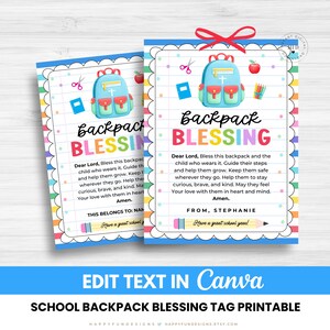 May include: Two rectangular printable tags featuring a light blue backpack illustration, school supplies, and a rainbow border. The text reads Backpack Blessing, a prayer, and fields for names. A red bow sits at the top of the larger tag design.