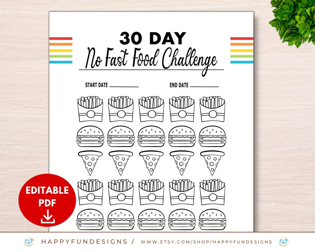 30 Day No Fast Food Tracker Printable, 30 Day Challenge Tracker ...