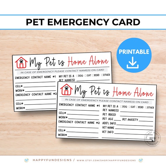 Pet Emergency Card Printable, In Case of Emergency, Contact Card, Small Pet Card, Pet Home Alone, Pet Rescue ICE Card, Pet ID Health Card