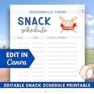 Editable Baseball Snack Schedule Printable, Baseball Concession Snack Sign up Sheet List, Baseball Tball Treat Bag, Baseball Team Mom Binder