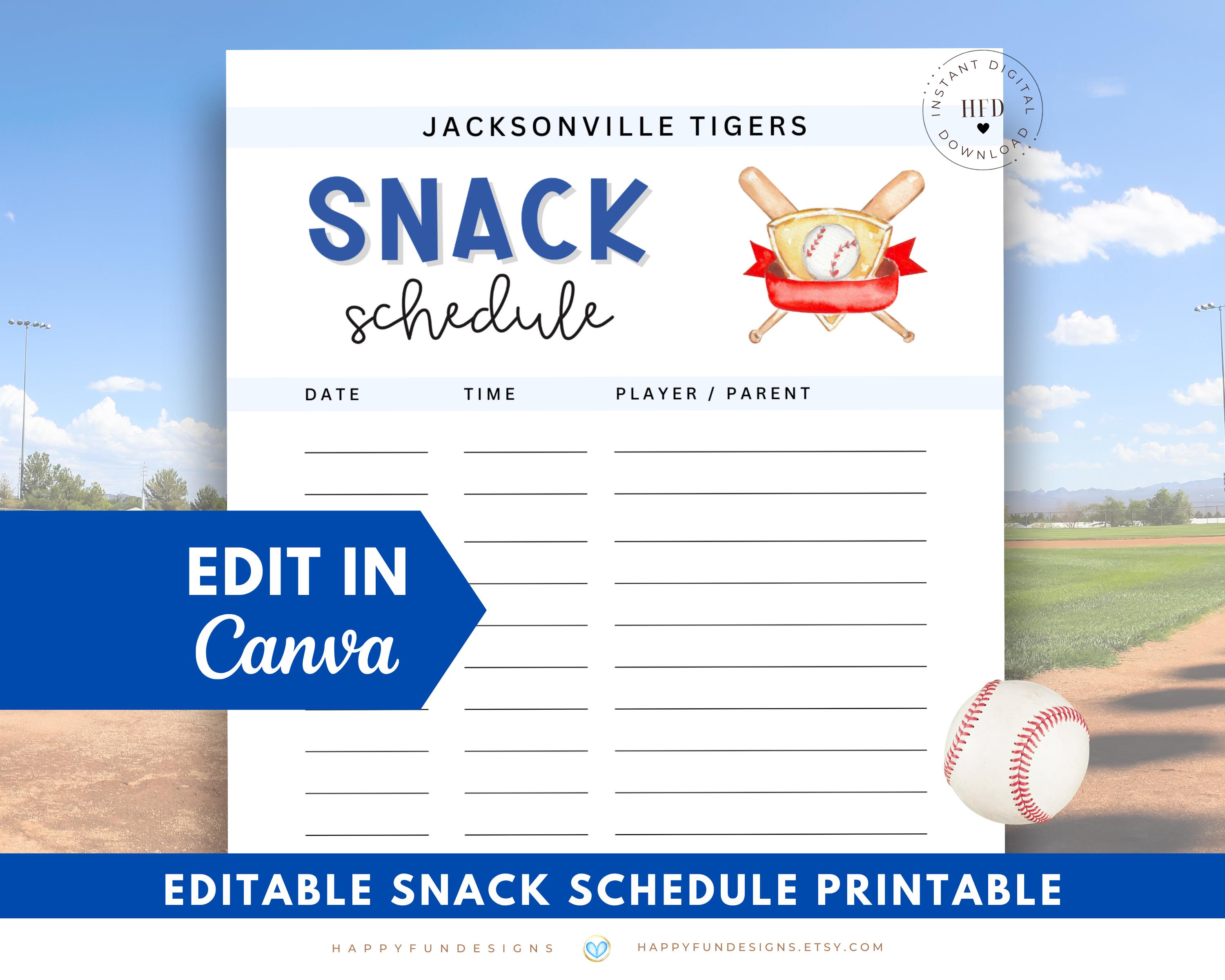 Editable Baseball Snack Schedule Printable, Baseball Concession Snack ...