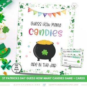 Giorno di San Patrizio Indovina quante caramelle ci sono nel barattolo gioco stampabile, gioco di indovinelli barattolo, gioco facile di San Patrizio, gioco verde in aula di San Patrizio