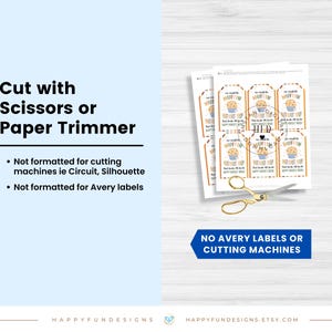 May include: A stack of gift tags with a muffin graphic and text, alongside gold scissors. The tags read "We would be muffin without you!" and are not formatted for cutting machines or Avery labels. Text on a blue banner reads "NO AVERY LABELS OR CUTTING MACHINES."