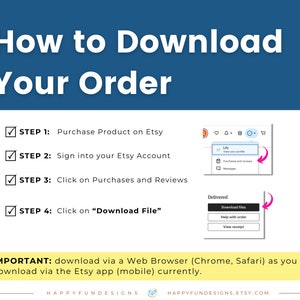 May include: A yellow and white graphic with a checklist of four steps on how to download a digital purchase from Etsy. The steps are: 1. Purchase Product on Etsy, 2. Sign into your Etsy Account, 3. Click on Purchases and Reviews, 4. Click on "Download File". The graphic also includes a note that downloads must be done via a web browser, such as Chrome or Safari, and not through the Etsy app.