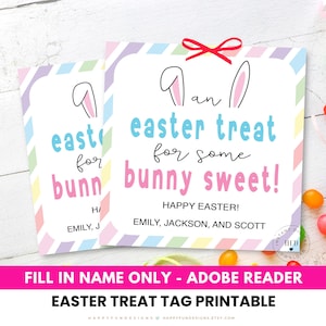 May include: Two Easter treat tags with bunny ears and the text "Easter treat for some bunny sweet!" in blue and pink. The tags have a pastel rainbow border and a red bow at the top. The words "Happy Easter!" are also included.
