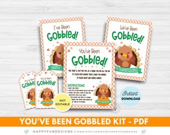You've Been Gobbled Printable Thanksgiving Teacher Staff Appreciation PTA Thank You Gift Neighbor Thanksgiving Wine Tag Office Gift Exchange
