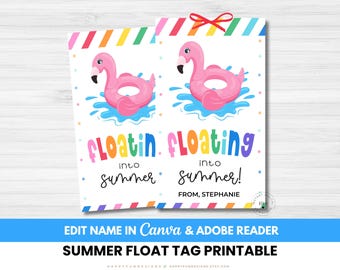 Editable Floating Into Summer Tag Printable PTA End of School Year Pool Party Summer Break Favor Goodbye School Hello Pool Float Teacher Tag