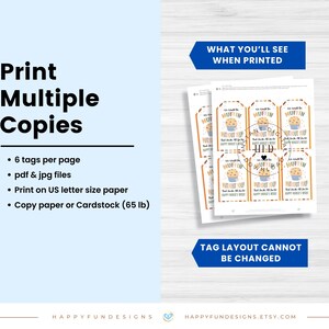 May include: A digital print featuring tags with a muffin graphic and text. The tags are designed to be printed on US letter-size paper, with six tags per page. The image also includes the text "Print Multiple Copies".