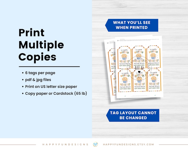 May include: A digital print featuring tags with a muffin graphic and text. The tags are designed to be printed on US letter-size paper, with six tags per page. The image also includes the text "Print Multiple Copies".