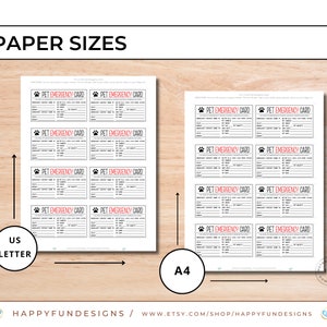May include: Printable pet emergency card template in two sizes: US Letter and A4. The template includes spaces for pet's name, breed, microchip number, emergency contact information, and vet information.
