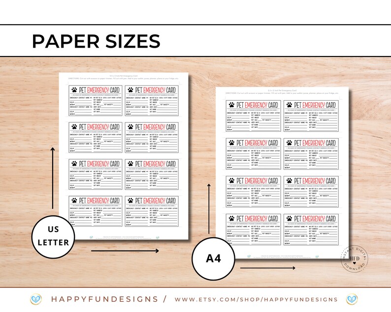 May include: Printable pet emergency card template in two sizes: US Letter and A4. The template includes spaces for pet's name, breed, microchip number, emergency contact information, and vet information.