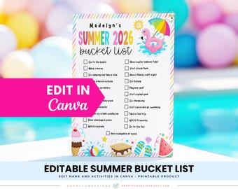 Editable Summer Bucket List for Kids Printable, Favorite Things List, All About Me, Summer Checklist, Summer Challenge List Boys Girls