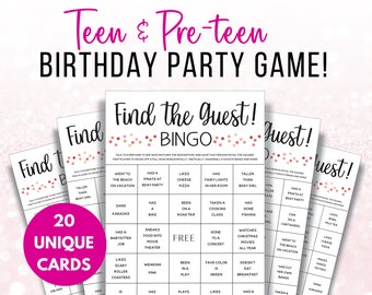 Find The Guest Game, Find The Guest Bingo Birthday Game, Birthday Bingo Boards, Birthday Game for Middle School, Sleepover Teen Girl Games