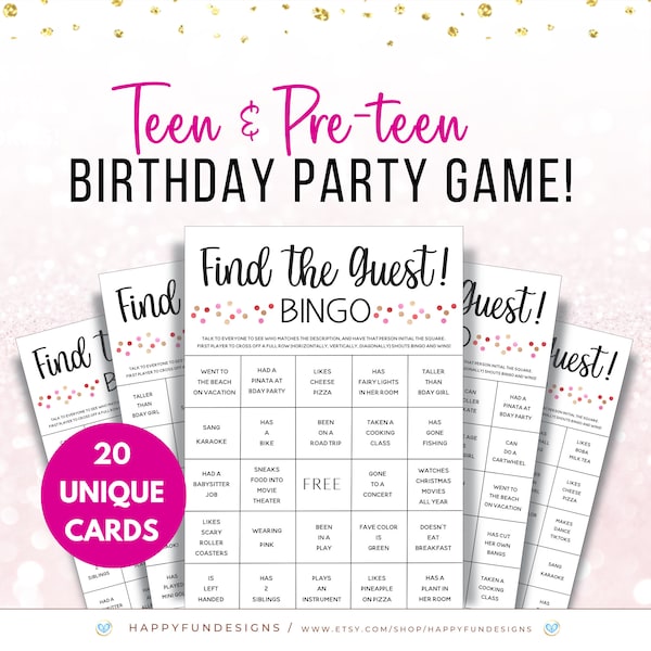 Find The Guest Game, Find The Guest Bingo Birthday Game, Birthday Bingo Boards, Birthday Game for Middle School, Sleepover Teen Girl Games