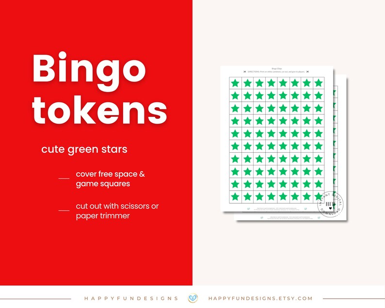 May include: Printable bingo tokens with cute green stars.  The tokens are designed to cover free space and game squares.  Cut out the tokens with scissors or a paper trimmer.